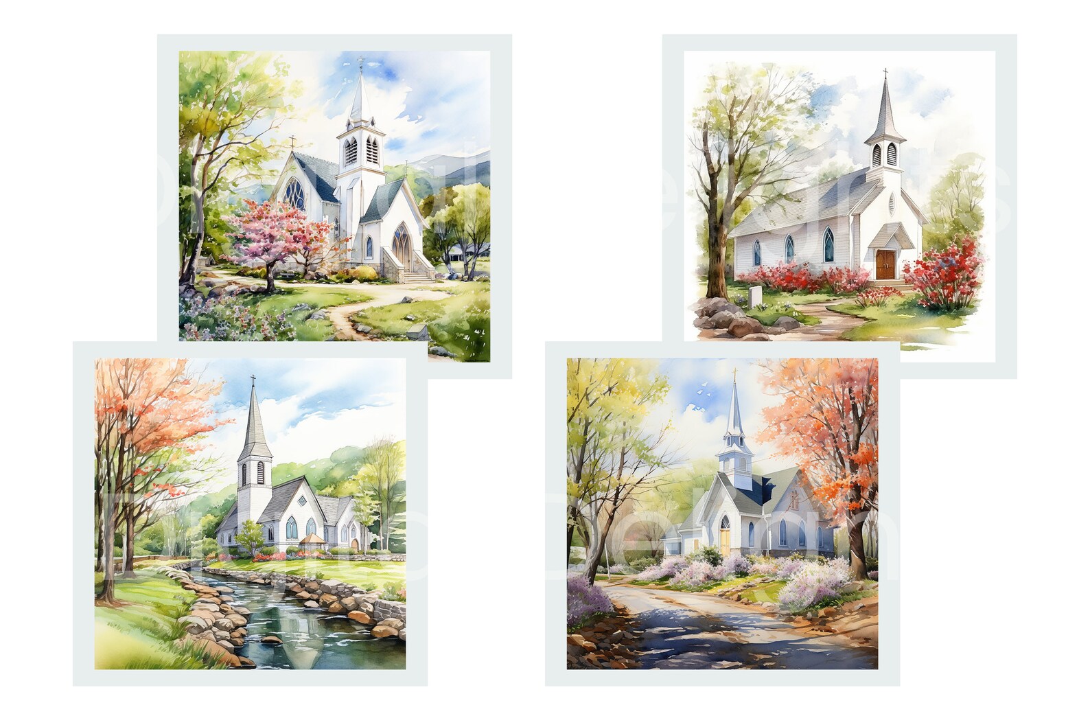 Spring Church Watercolor Clipart: Country Easter PNG Bundle (digital ...