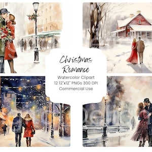 Noël Romance Clipart Aquarelle Papier numérique Bundle 12 PNG Vacances Journal Pages Artisanat Scrapbooking Texture Fond Hiver Neige