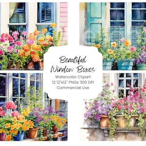 May include: Four watercolor paintings of window boxes filled with colorful flowers. The window boxes are on different colored houses. The text "Beautiful Window Boxes" is in the center of the image.