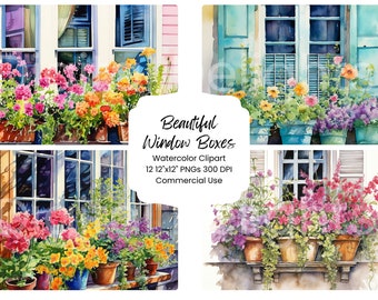 Window Box Clipart, Set of 12 Watercolor Cottage Florals, Spring PNG (Digital Download)