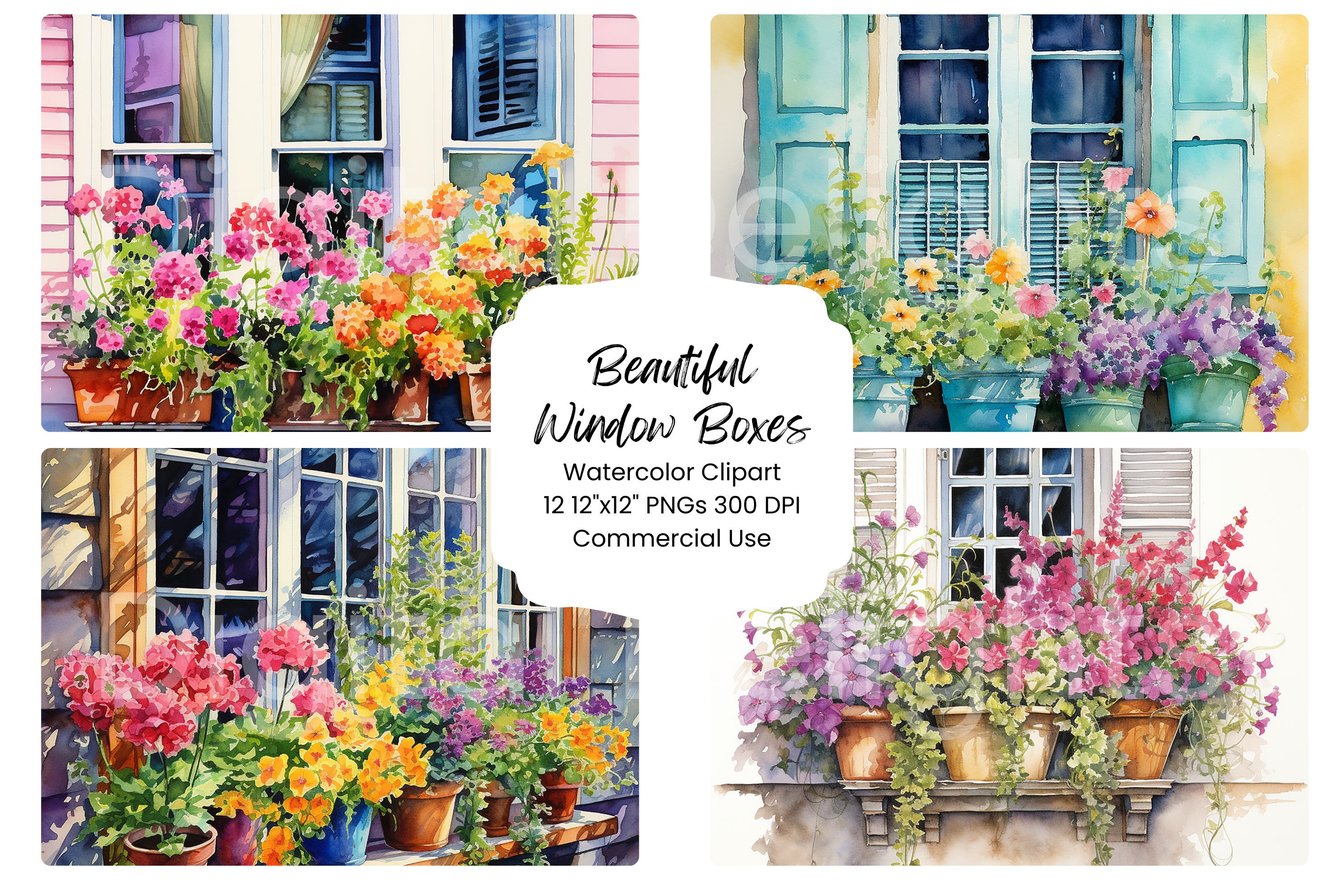 Floral Window Box Watercolor Clipart: Spring Flowers PNG Bundle ...