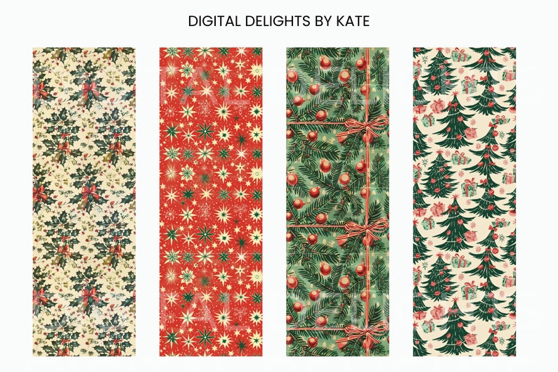 Classic holiday motif wall art printable set for bedroom — illustrated pine branches, stars, and gift boxes in warm tones