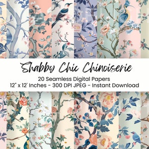 Chinoise Shabby Chic Printable Paper Seamless Digital Download Floral Scrapbook Flower Toile Junk Journal Paper JPG Digital Paper Pattern