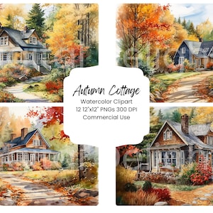 Automne Cottage Clipart aquarelle papier numérique Bundle 12 PNG automne vacances Journal Pages artisanat Scrapbook fond feuillage feuilles pays