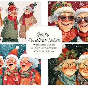 Quirky Christmas Ladies Watercolor Clipart: 12&quot;x12&quot; JPEG Bundle