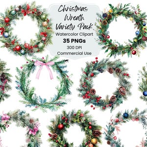 Watercolor Christmas Wreath Clipart Bundle: 35 PNGs (Digital Download)