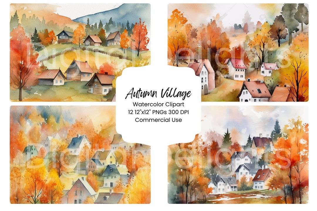 Fall Village Digital Paper Bundle 12 PNG Files Clipart Autumn Foliage ...
