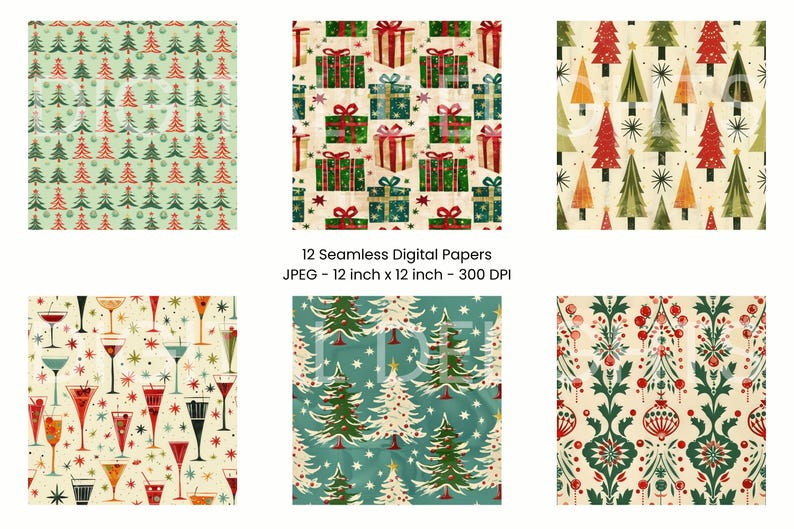1950s Christmas Wrapping Paper Patterns – 12 Seamless Retro Digital ...