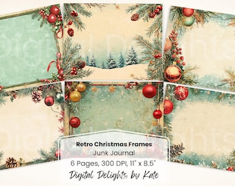 May include: A collection of six vintage-style Christmas frames. Each frame is decorated with pine branches, red berries, pine cones, and ornaments. The frames have a distressed, aged appearance with a light teal and cream color scheme. Text on the image reads "Retro Christmas Frames".