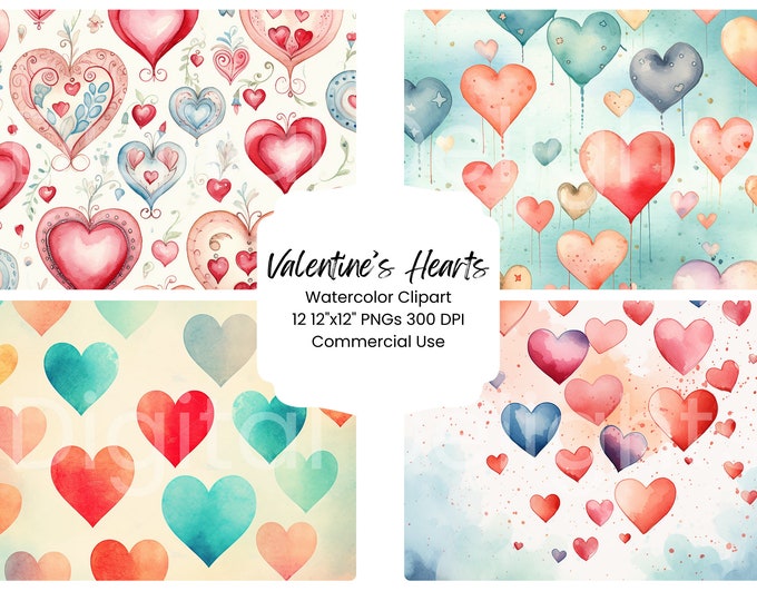 Watercolor Hearts Digital Paper Clipart, Valentine's Day Boho Hearts ...