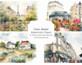 French Village Watercolor Clipart, Travel Scenes, Cottagecore Art, Digital Download