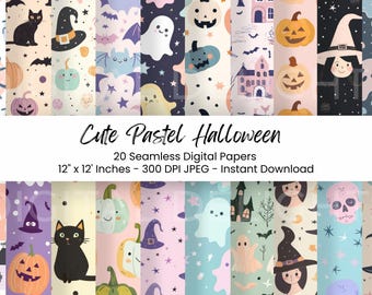 Pode incluir: Uma coleção de 20 papéis digitais sem costura com um tema fofo de Halloween pastel. Cada papel apresenta ilustrações únicas de abóboras, fantasmas, morcegos, bruxas e gatos. Os papéis medem 30,48 cm x 30,48 cm.