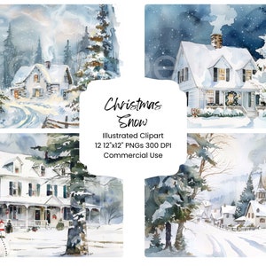 Lot de 12 cliparts Noël blanc papier numérique aquarelle JPEG vacances hiver journal Pages Scrapbooking créatif fond neige confortable imprimable