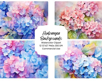 Hydrangea Watercolor Clipart Pack, Set of 12 Floral Backgrounds (Digital Download)