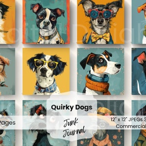 Quirky Dogs Digital Pages Printable Junk Journal Paper Bundle 12 JPEG Collage Pages Craft Scrapbook Whimsical Puppy Background Card Making