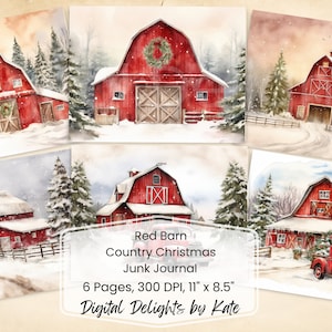 Red Christmas Barn Aquarela Junk Journal Página para impressão País Rústico Vintage Inverno Junk Journal Kit Papel Digital Collage Download