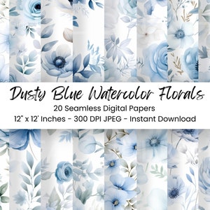 Dusty Blue Watercolor Floral Printable  Paper Seamless Shabby Chic Instant Digital Download Floral Wildflower Scrapbook Junk Journal Paper