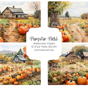 Könnte beinhalten: Aquarell-Clipart-Set mit Kürbisfeldszenen. Die Bilder zeigen Scheunen, Feldwege und Felder voller orangefarbener Kürbisse. Der Text "Pumpkin Patch" und weitere Details sind enthalten.