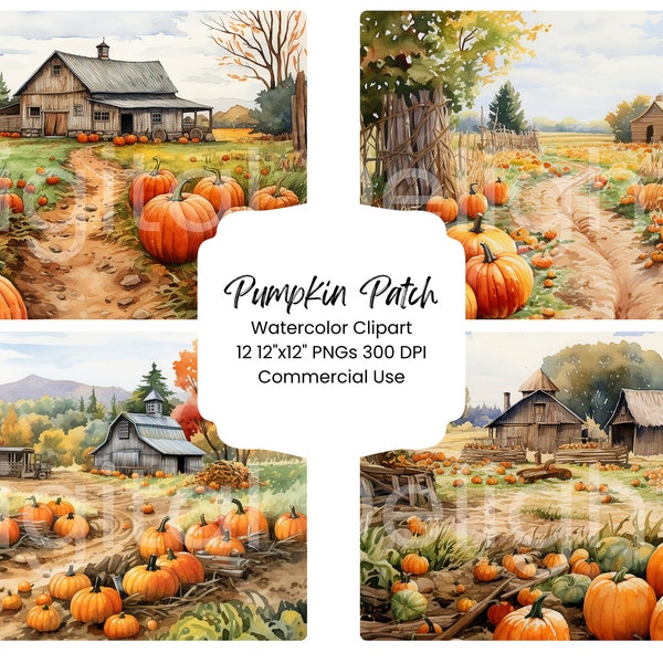 Pumpkin Patch Digital Paper Bundle 12 PNG JPG Files Autumn Farm Halloween Fall Watercolor Scenery Digital Craft Scrapbook Texture Journal