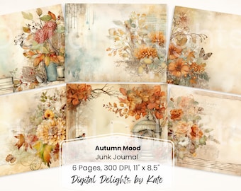 Kit de diario de recortes botánicos de otoño, páginas imprimibles con motivos florales otoñales vintage (descarga digital)