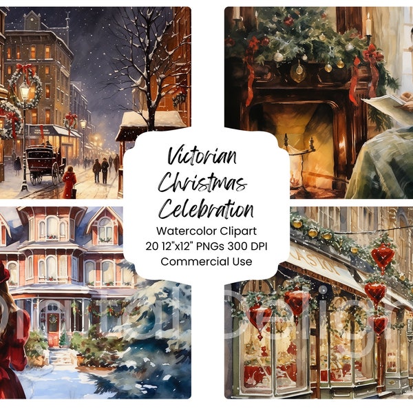 Noël victorien célébration Clipart aquarelle papier numérique 20 PNG vacances Journal Page artisanat Scrapbook Texture fond hiver