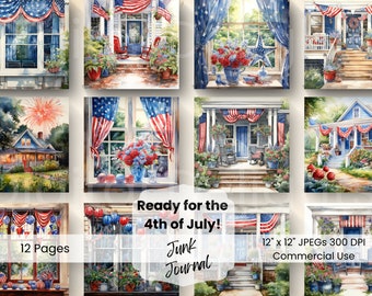 Patriotic Home Porch Junk Journal Kit, druckbare 4. Juli Seiten (digitaler Download)