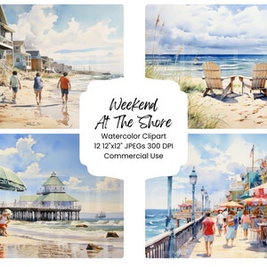 Wochenende am Meer entkommen Urlaub Aquarell Digitales Papier Bundle 12 JPG Dateien Strand Meer Landschaft Ansicht Journal Handwerk Sammelalbum