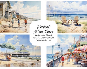 Seaside Watercolor Digital Paper Bundle: Beach Scenery (12 JPG Files)