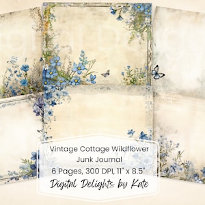 Acuarela azul Flores silvestres Junk Journal Página imprimible Flores Junk Journal Kit Hoja de collage digital Descarga instantánea DIY Aciano DIY