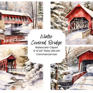Pacchetto di carta digitale ponte coperto invernale 12 file PNG Clipart Natale neve acquerello scenario Digital Craft Scrapbook Texture Journal