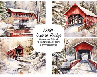 Winter Covered Bridge Digital Paper Bundle 12 PNG Files Clipart Christmas Snow Watercolor Scenery Digital Craft Scrapbook Texture Journal