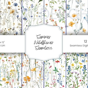 Azulejos de aquarela de flores silvestres, papel digital sem costura JPG, papéis de scrapbook florais de primavera, verão digital, flor selvagem, diário de lixo, página para impressão