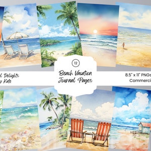 Strandreis aquarel 12 png Achtergrond Junk Journal Card Making Plakboekpapier Digitale download Tropische vakantie Uitzicht op de oceaan Kust