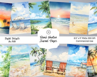 Beach Watercolor Backgrounds: Tropical Vacation Scrapbook Paper (Digital Download)