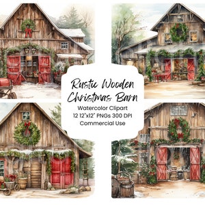 Rustieke houten schuur land kerst clipart aquarel digitale papier bundel 12 PNG vakantie dagboek pagina's ambachtelijke scrapbook achtergrond feestelijk