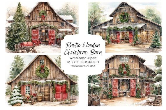 Rustic Wooden Barn Clipart Pack, 12 Watercolor Christmas Holiday PNG (Digital Download)