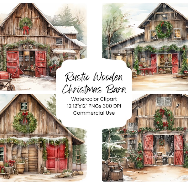 Rustic Wooden Barn Country Christmas Clipart Watercolor Digital Paper Bundle 12 PNG Holiday Journal Pages Craft Scrapbook Background Festive