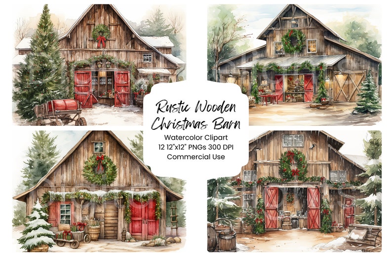 Wooden barn PNG bundle for scrapbooking — cozy winter holiday clipart graphics featuring snow-dusted structures, festive greenery, and rustic seasonal charm