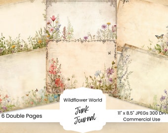 May include: Six double-page digital papers featuring a vintage, cream-colored background with watercolor wildflowers and butterflies. The papers are 11 inches by 8.5 inches and 300 DPI. The text "Wildflower World Junk Journal" is at the bottom of the image.