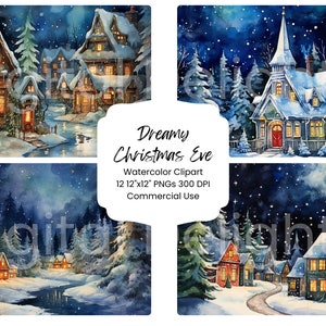 Marzycielski Wigilijny Clipart Akwarela Cyfrowy Papier Pakiet 12 PNG Holiday Country Journal Pages Craft Scrapbook Tło Świąteczna Zima