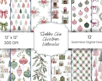May include: A collection of 12 seamless digital designs with a Shabby Chic Christmas watercolor theme. The designs include bows, Christmas trees, fireplaces, ornaments, wreaths, houses, and plaid patterns. Each design is 12" x 12" at 300 DPI.
