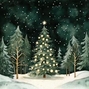 May include: Watercolor painting of a Christmas scene. A decorated Christmas tree with glowing lights and a star on top stands in a snowy forest. The background features a dark, starry sky and evergreen trees.