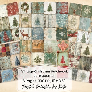Vintage Christmas Patchwork Junk Journal Kit Rendier Shabby Chic Afdrukbaar papier Digitale Download Scrapbooking Kit Papier Craft Collage Set