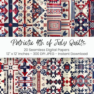 Patriotische 4. Juli Quilt Seamless Vintage Ephemera Muster wiederholen Hintergrund druckbare digitale Papier Muster Americana Junk Journal DIY