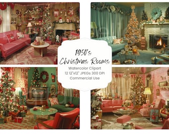 May include: Four digital illustrations of 1950s Christmas living rooms. Each room features a decorated Christmas tree, a fireplace, and a couch. The rooms are decorated in a variety of colors, including red, green, and pink. The text "1950's Christmas Rooms Watercolor Clipart 12 12"x12" JPEGS 300 DPI Commercial Use" is displayed in the center of the image.