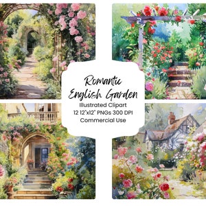 Romantischer englischer Garten, Aquarell, 12 JPEG-Hintergrund, Junk-Journal, Kartenherstellung, Scrapbook-Papier, digitale Blume, Rose, Ephemera, druckbares Papier