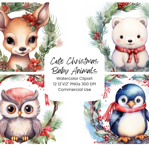 Super Cute Christmas Animals Clipart Watercolor Digital Paper Bundle 12 PNG Holiday Journal Pages Craft Scrapbooking Texture Background