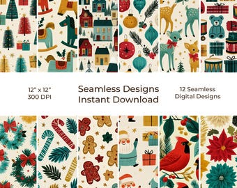 Retro Christmas Junk Journal Kit, 12 Printable Seamless Digital Papers (Digital Download) 18