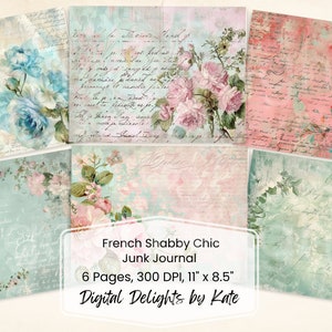 Journal shabby chic chic et indésirable papier numérique floral 6 pages de journal numérique imprimables éphémères papier craft collage feuille roses Paris Script