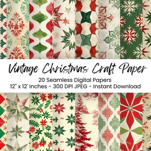 May include: A set of 20 digital papers featuring vintage Christmas designs. The papers are 12 inches by 12 inches and have a 300 DPI resolution. The designs include stars, snowflakes, trees, and other festive patterns in red, green, and white.